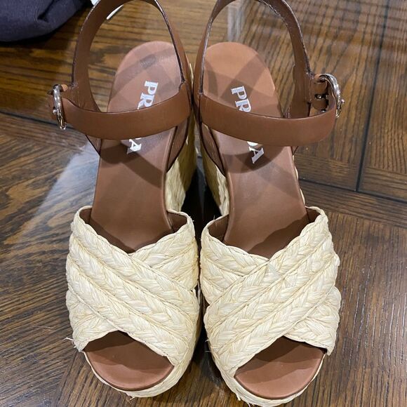 Prada Crisscross Raffia Wedge High Heel Sandal Beige EU 37 - Picture 2 of 7